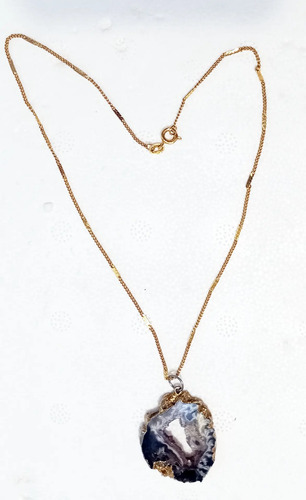 Agata Geoda Dije Baño Dorado + Cadena 18k (de Vidriera) Azul Y Dorado
