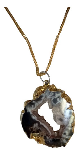 Agata Geoda Dije Baño Dorado + Cadena 18k (de Vidriera) Azul Y Dorado