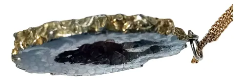 Agata Geoda Dije Baño Dorado + Cadena 18k (de Vidriera) Azul Y Dorado