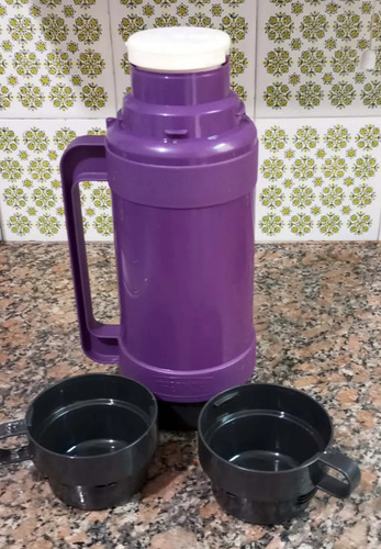 Termo Thermos Vidrio: Té, Café, Mate Con 2 Tazas - 1 Litro Violeta