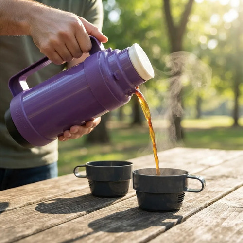 Termo Thermos Vidrio: Té, Café, Mate Con 2 Tazas - 1 Litro Violeta