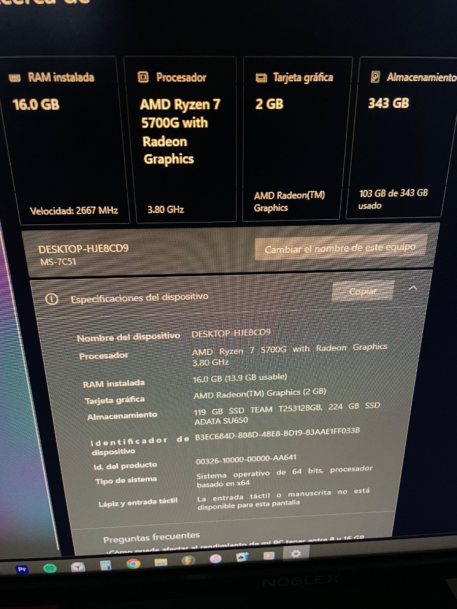 PC AMD Ryzen 7 5700G with Radeon Graphics 2gb, 16 gb RAM, 343 gb de Almacenamiento repartidas SSD