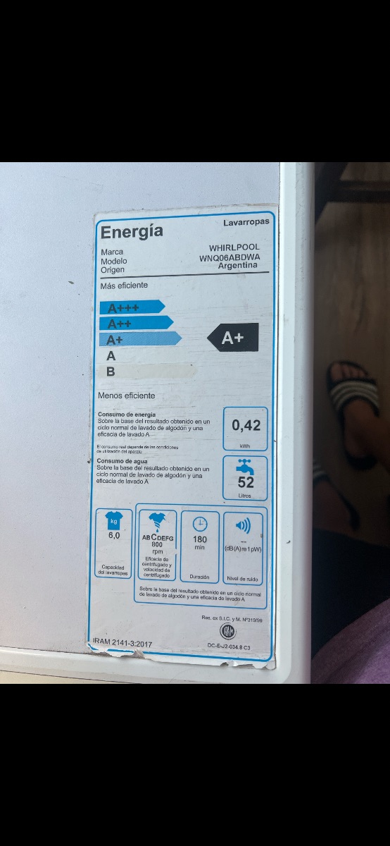 LAVARROPAS AUTOMÁTICO WHIRLPOOL 6 KG A+ – IMPECABLE