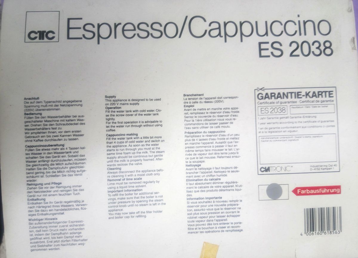 Cafetera Clatronic Alemana Espresso/capuchino Nueva Sin Uso