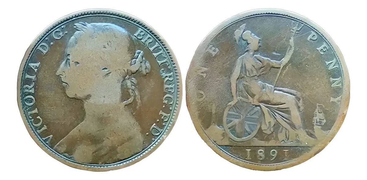 Reino Unido Moneda De 1 Peñique Reina Victoria Año 1891