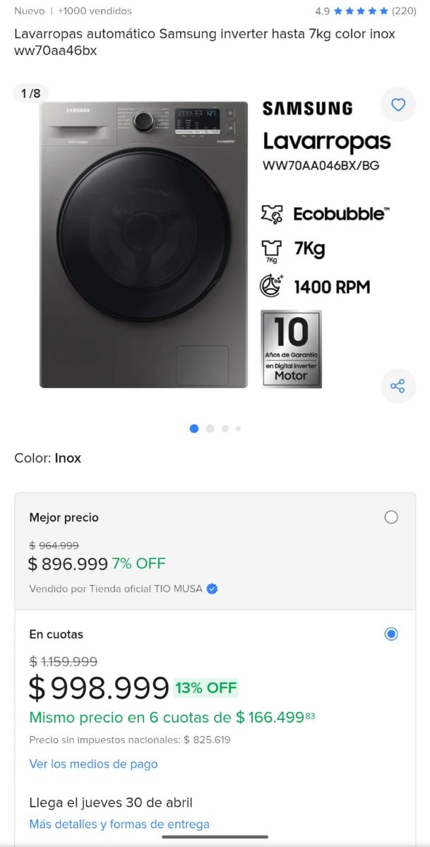 LAVARROPAS SAMSUNG ECOBUBBLE+DIGITAL INVERTER 7 KG