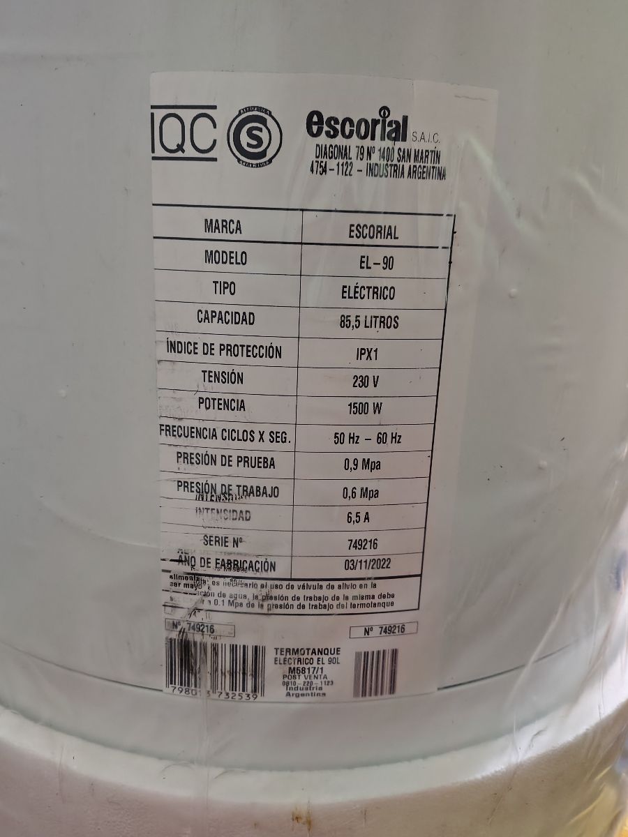 Termotanque electrico escorial 90 lts nuevo en caja