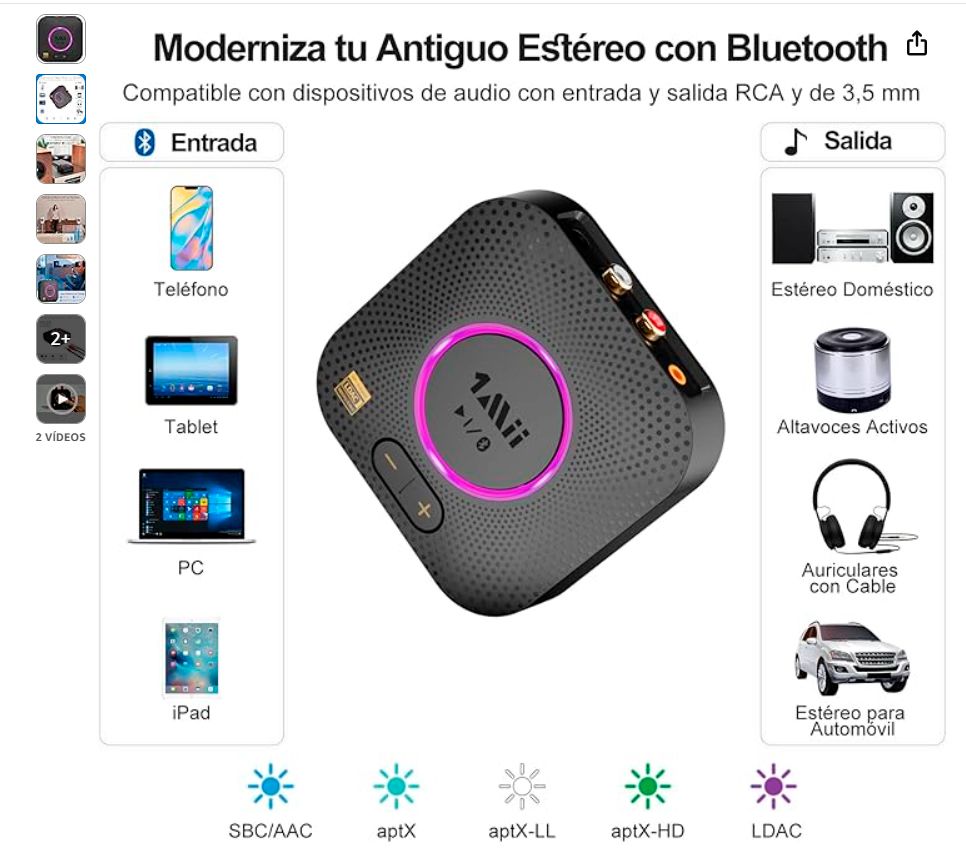 1Mii B06S+ Transmisor/Receptor L-DAC de audio inalámbrico por Bluetooth o USB