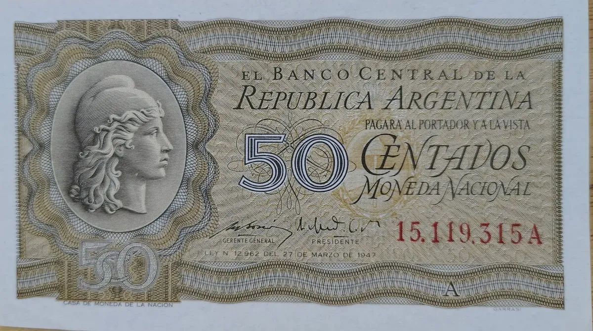 Billete 50 Centavos Moneda Nacional Año 1950 Serie A Sin circular