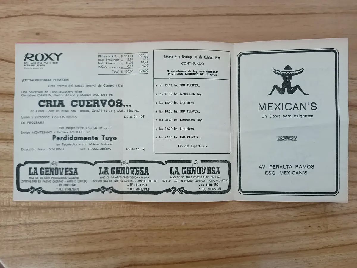 Antiguo Programa De Cine Roxy Octubre 1976