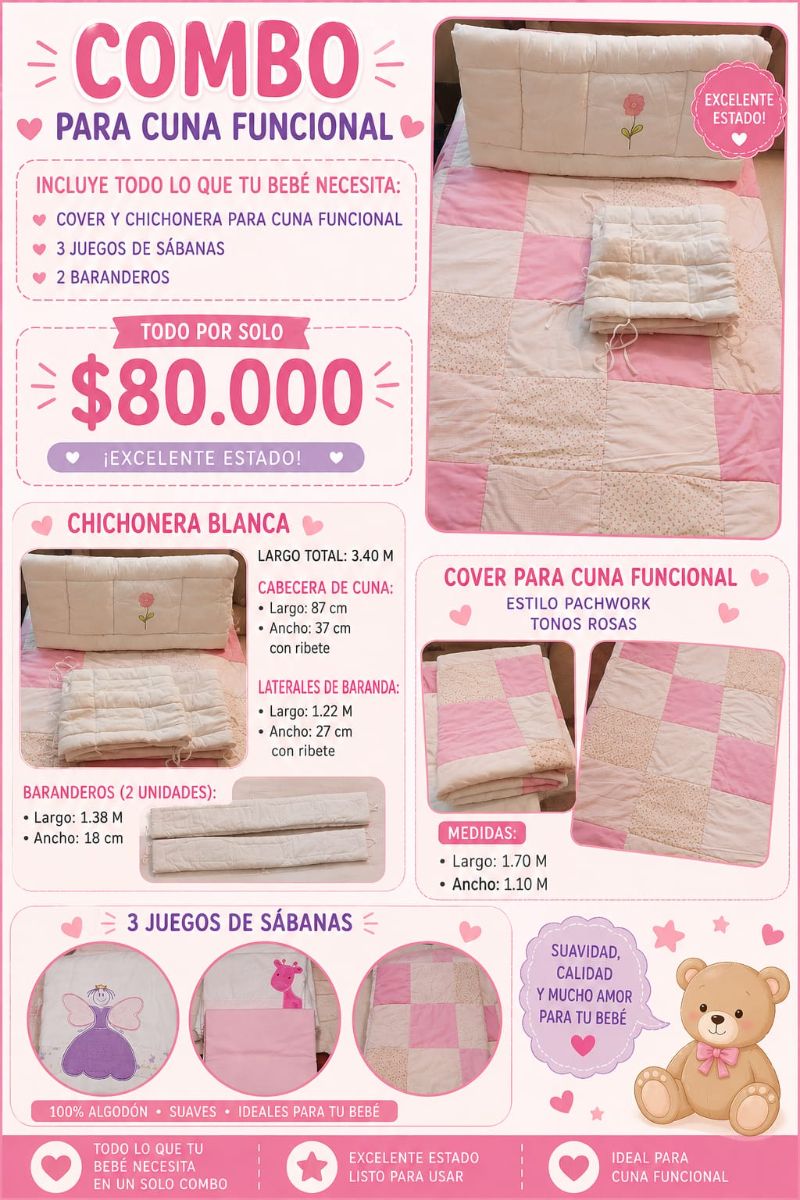 COVER ACOLCHADO + CHICHONERA CUNA FUNCIONAL ACCESORIOS BEBES