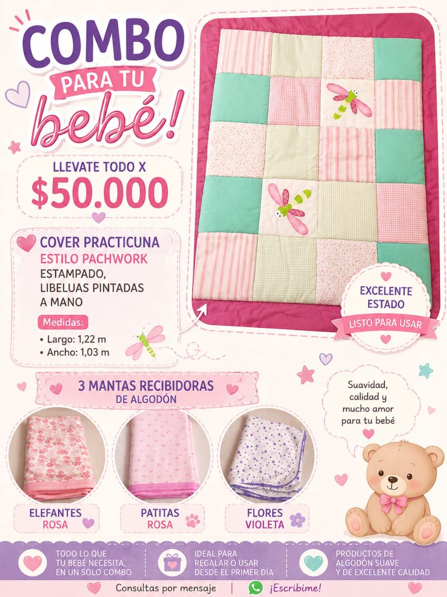 COVER ACOLCHADO PRACTICUNA CORRALITO + 3 MANTAS RECIBIDORAS