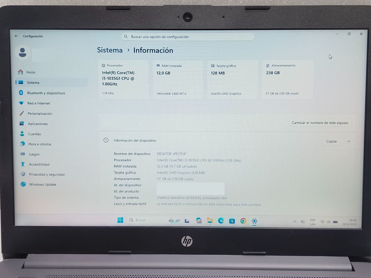 Notebook Hp 240 G7 Core I5-1035g1 8gb Ram 240gb Ssd 14 pulg + GARANTIA