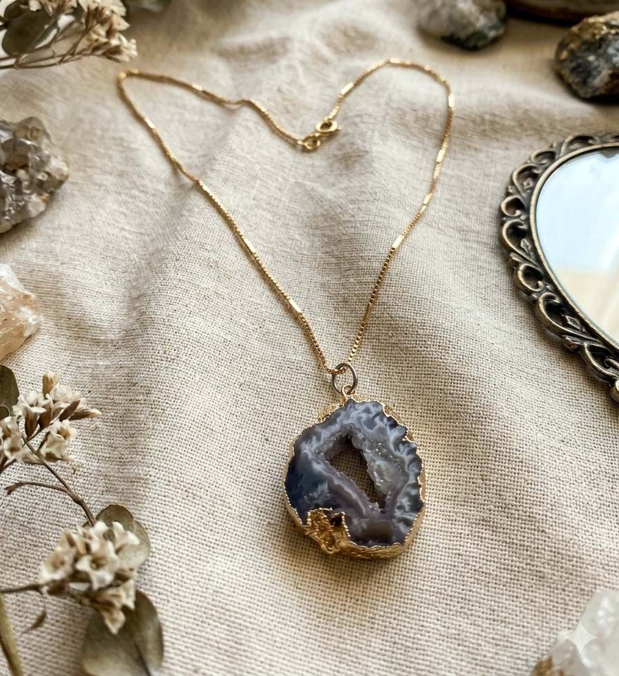 Agata Geoda Dije Baño Dorado + Cadena 18k (de Vidriera)